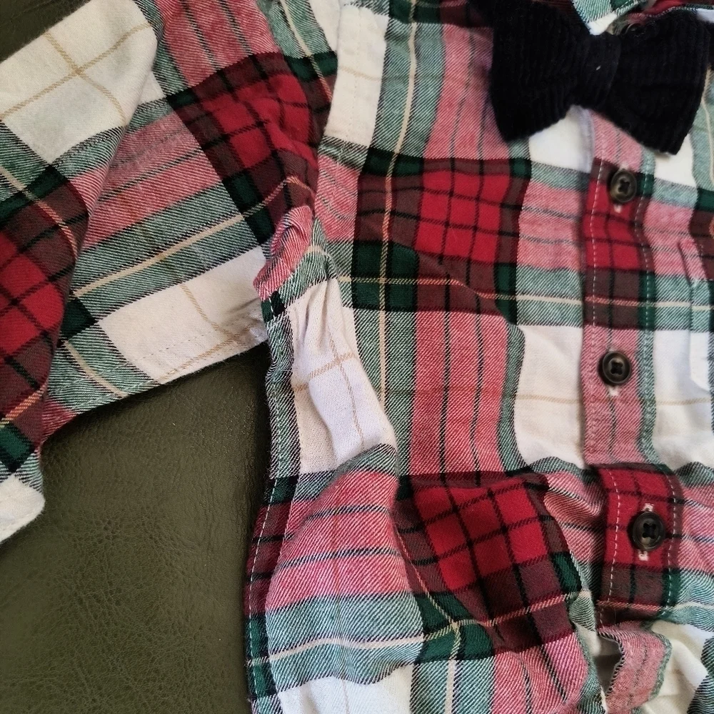Red white green black plaid dressy collared long sleeve Christmas baby onesie